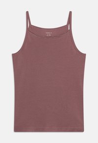 Top in mauve con spalline sottili, realizzato in tessuto morbido. Presenta un neckline arrotondato e dettagli cuciti lungo i bordi.