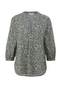 Blouse ample avec manches trois-quarts et petit motif floral vert, blanc et bleu, avec une encolure fendue et un ourlet arrondi.