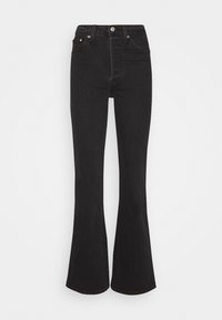 Jean évasé noir en denim, doté d'une taille haute, d'un design à cinq poches et d'une fermeture à boutons. Texture douce avec un effet usé minimal.