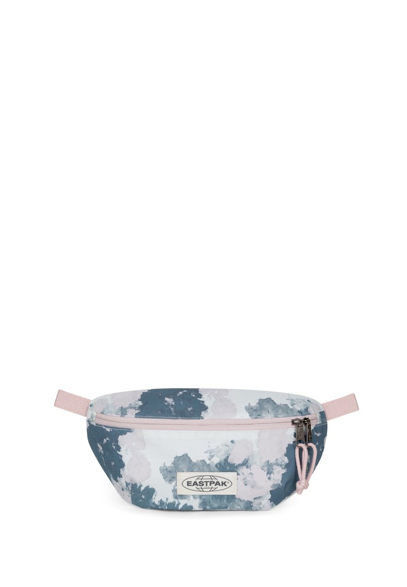 Marsupio con un motivo ad acquerello blu chiaro, bianco e grigio. Presenta una cerniera rosa e un'etichetta con il marchio. Tessuto morbido, forma ovale.