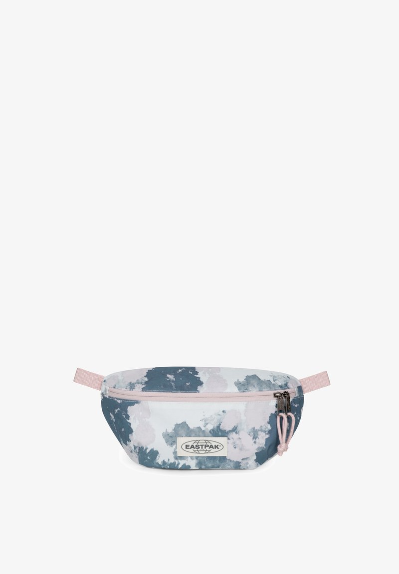 Marsupio con un motivo ad acquerello blu chiaro, bianco e grigio. Presenta una cerniera rosa e un'etichetta con il marchio. Tessuto morbido, forma ovale.