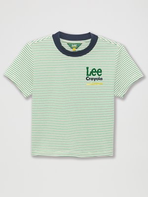 Green and white striped short-sleeve T-shirt with a navy collar. Features embroidered “Lee” and “Crayola” logos on the front.