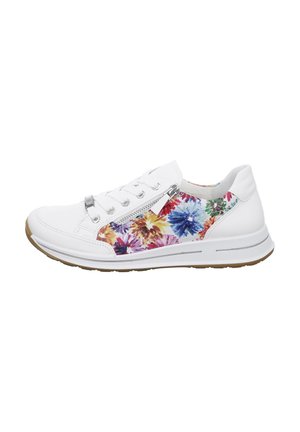 White sneakers featuring a colorful floral pattern on the side, made from leather, with five eyelets and a side zipper for design detail.