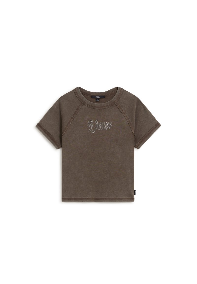Brun bomuld t-shirt med rund halsudskæring og raglanærmer. Har et skridtdesign i rhinsten på forsiden.