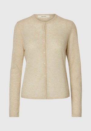 Beežika pika varrukaga nööpidega kampsun ümmarguse kaelusega ja keha järgiva lõikega.