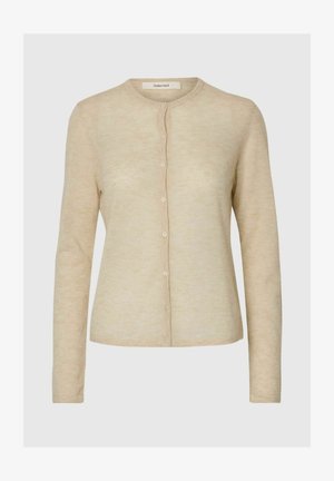 Béžový sveter na gombíky s dlhým rukávom, okrúhlym výstrihom a priliehavým strihom.