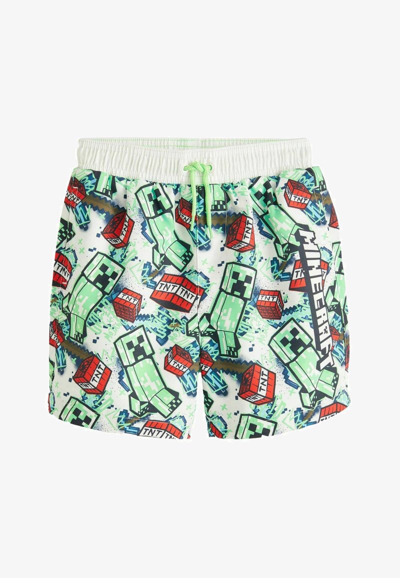 Zelene i bijele kupaće gaće s Minecraft temom, prikazom Creepera i TNT blokova, elastičnom trakicom u struku i detaljem vezivanja.