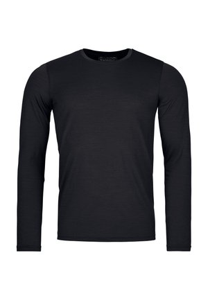 Black long-sleeve shirt made from smooth fabric with a rounded neckline and fitted silhouette; features no visible patterns or accents.