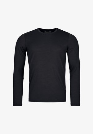 Black long-sleeve shirt made from smooth fabric with a rounded neckline and fitted silhouette; features no visible patterns or accents.