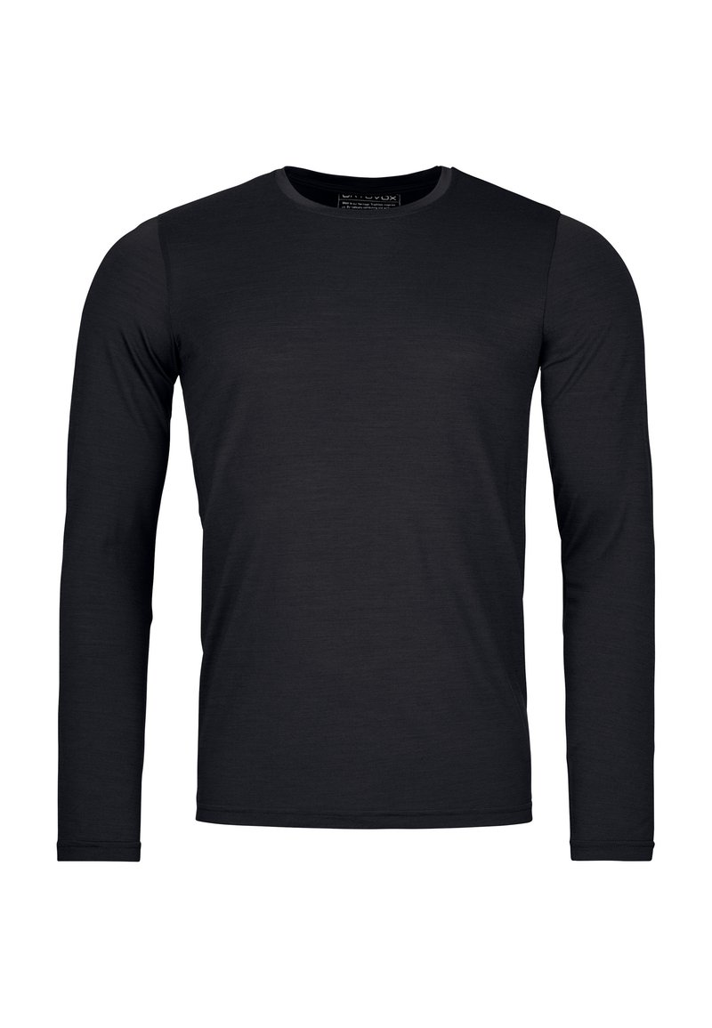 Schwarzes Langarmshirt aus glattem Stoff mit rundem Halsausschnitt und figurbetonter Silhouette; ohne sichtbare Muster oder Akzente.