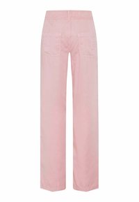 Zachte roze katoenen broek met een ontspannen pasvorm, voorzien van een platte tailleband, twee achterzakken en rechte, volledige lengtes.