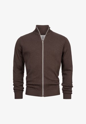 Brauner Cardigan mit Reißverschluss, strukturiertem Fischgrätmuster, gerippten Bündchen und Saum sowie Stehkragen. Verfügt über einen kontrastierenden Reißverschluss.