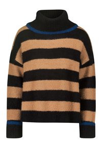 Pull à col roulé avec de larges rayures horizontales noires et camel, bordure bleue au col et aux poignets, avec une texture duveteuse.