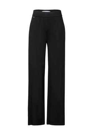 Pantaloni neri a gamba larga con una comoda cintura elasticizzata. Realizzati in un tessuto morbido con una finitura opaca e senza motivi o elementi hardware visibili.