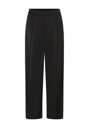 Pantalon noir taille haute à jambes larges avec passants pour ceinture, plis sur le devant, et tissu lisse au fini légèrement brillant.