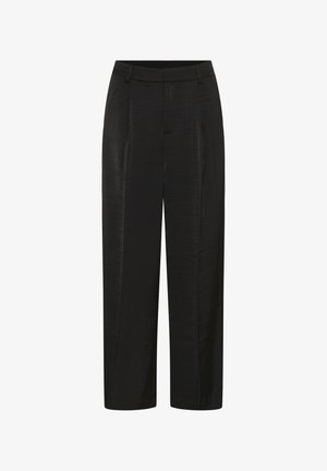 Pantalon noir taille haute à jambes larges avec passants pour ceinture, plis sur le devant, et tissu lisse au fini légèrement brillant.