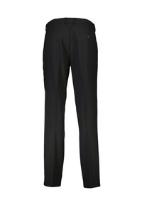 Czarne spodnie o gładkiej fakturze, slim fit, z szlufkami na pasek i dwiema tylnymi kieszeniami z zapięciami na guziki. Dopasowany krój dla eleganckiego wyglądu.
