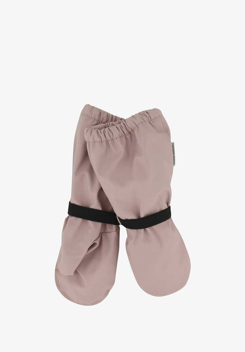 Mănuși impermeabile dintr-un material moale roz, cu manșete elastice și o curea neagră pentru o potrivire sigură. Vârfuri rotunjite pentru o purtare ușoară.