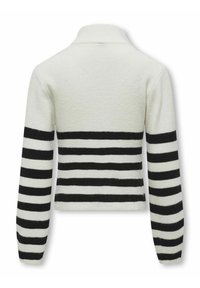 Gebreide pullover met een witte body en zwarte horizontale strepen. Heeft een faux-kraag en lange mouwen met geribde manchetten.