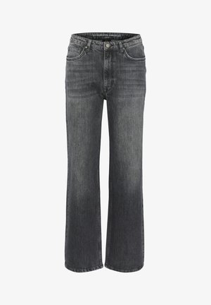 Jeans typu wide-leg w ciemnoszarym denienie, z klasycznym pięciopocketowym wzorem, przeszyciami oraz zapięciem na guzik w taliji.