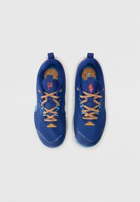 Une paire de chaussures de trail de couleur bleue avec des lacets à motifs orangés, des accents bleu clair et des semelles beige à motifs, vues de dessus sur un fond blanc.