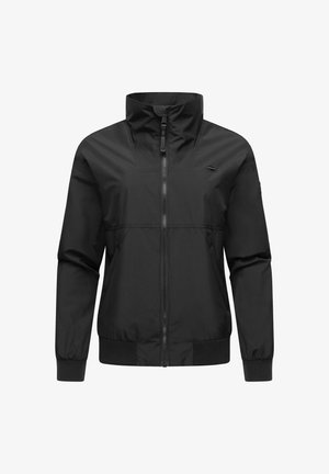 Black lightweight jacket with a high collar, front zipper, and ribbed cuffs. Smooth texture with minimal detailing, designed for casual wear.