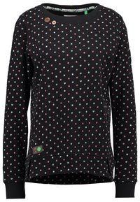 Sudadera negra con un patrón de lunares en rosa y plata. Incluye un cuello redondo, mangas largas y dos botones decorativos.