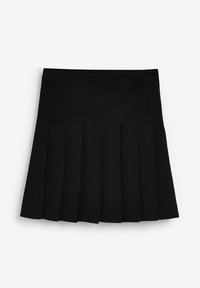 Jupe plissée noire avec une taille cintrée, fabriquée à partir d'un tissu lisse. Présente des plis régulièrement espacés s'étendant de la taille jusqu'à l'ourlet.