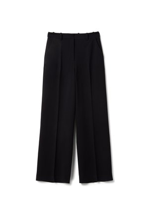 Black wide-leg trousers made of smooth fabric, featuring pleats, side pockets, and a tailored waistband for a structured fit.