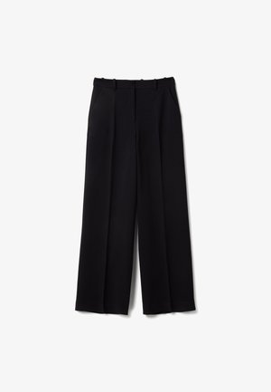Black wide-leg trousers made of smooth fabric, featuring pleats, side pockets, and a tailored waistband for a structured fit.