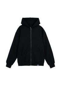 Czarna bluza z kapturem na zamek błyskawiczny, z przednimi kieszeniami i ściągaczami przy mankietach. Wykonana z miękkiej tkaniny bawełnianej z lekko teksturowanym wykończeniem.