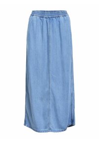 Gonna di jeans in azzurro chiaro con vita elasticizzata, design di media lunghezza, spacchi laterali e dettagli di cucitura visibili. Tessuto liscio.