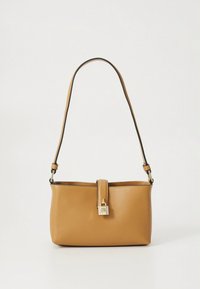Brown leather handbag with a smooth texture, a long strap, and a clasp closure featuring a gold-colored accent. Compact rectangular shape.