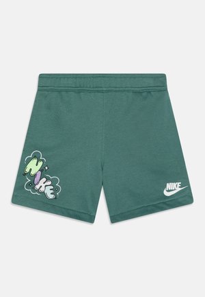 Pantalones cortos de algodón verde con un gráfico estilizado de "Nike" en lavanda y teal. El diseño incluye el logotipo de swoosh de Nike en blanco.