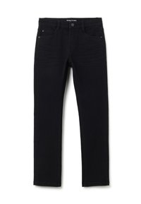 Jeans de mezclilla negros con un corte ajustado, que presentan un diseño de cinco bolsillos, cierre frontal con botón y detalles de costura sutiles. Material: mezcla de algodón.