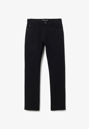 Jeans in denim nero con una vestibilità slim, caratterizzati da un design a cinque tasche, chiusura frontale con bottone e dettagli di cucitura discreti. Materiale: misto cotone.