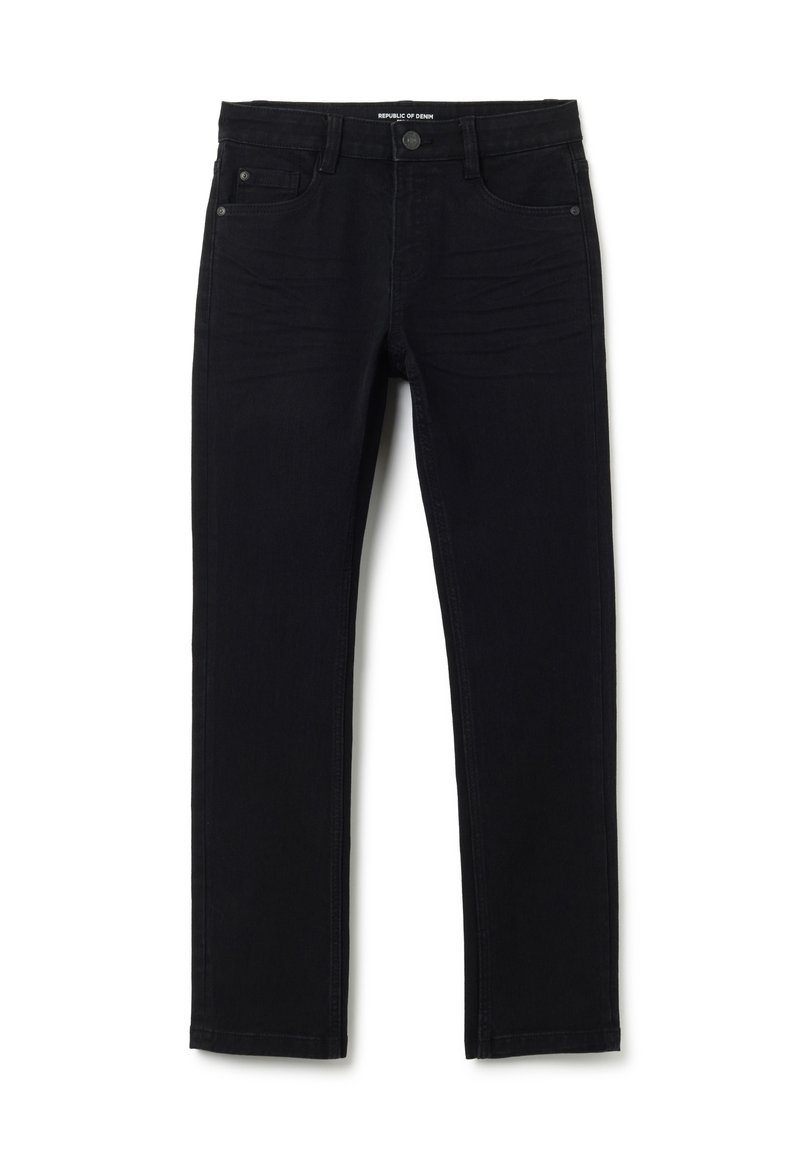 Jeans de mezclilla negros con un corte ajustado, que presentan un diseño de cinco bolsillos, cierre frontal con botón y detalles de costura sutiles. Material: mezcla de algodón.