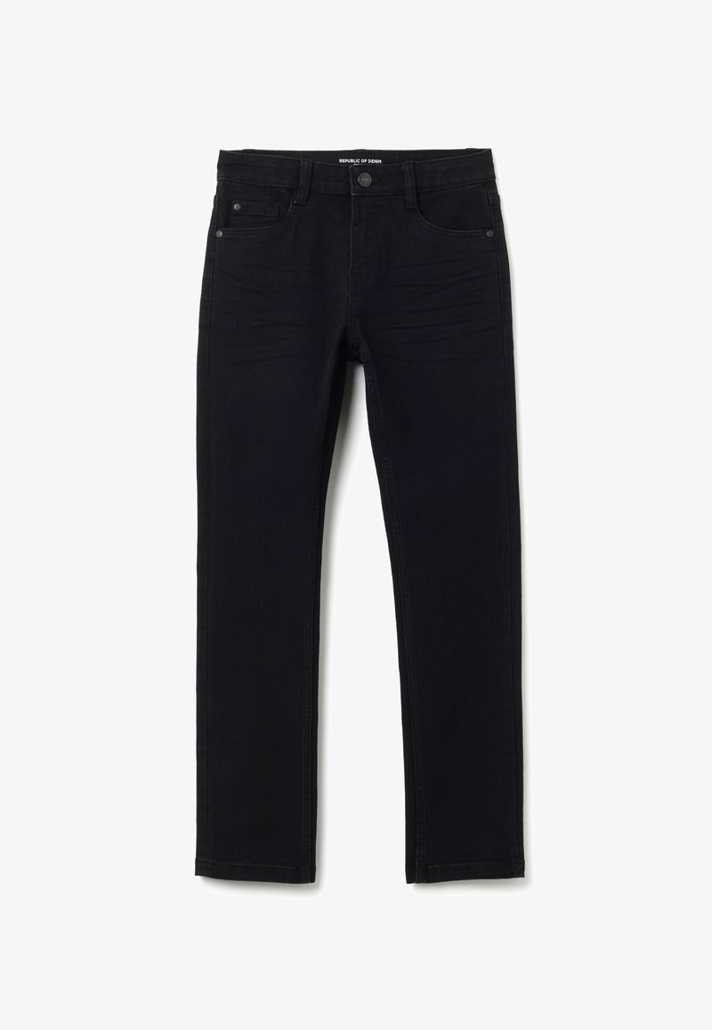 Jeans de mezclilla negros con un corte ajustado, que presentan un diseño de cinco bolsillos, cierre frontal con botón y detalles de costura sutiles. Material: mezcla de algodón.