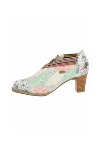Scarpa con tacco caratterizzata da un motivo floreale con tonalità di rosa, verde e crema. Sopra struttura testurizzata con chiusura a zip e tacco in legno.