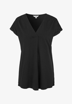 Zwarte top met korte mouwen en een V-hals, gemaakt van zachte stof. Heeft een vloeiende stijl en lichte plooien bij de halslijn.