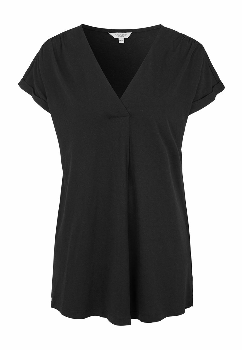 Zwarte top met korte mouwen en een V-hals, gemaakt van zachte stof. Heeft een vloeiende stijl en lichte plooien bij de halslijn.