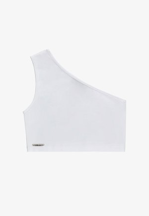 Top corto asimmetrico bianco con una spalla e piccolo dettaglio logo metallico nell'orlo inferiore sul lato sinistro.