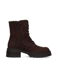 Dunkelbrauner Wildleder-Ankleboot mit seitlichem Reißverschluss, Schnürung vorne, massiver Sohle und niedrigem Absatz, im Profil vor weißem Hintergrund gezeigt.