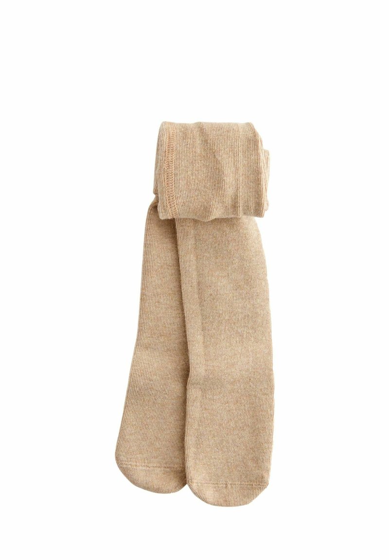 Calze di cotone beige alte fino al ginocchio con texture a coste, arrotolate in cima. Finitura liscia e design della punta arrotondata.