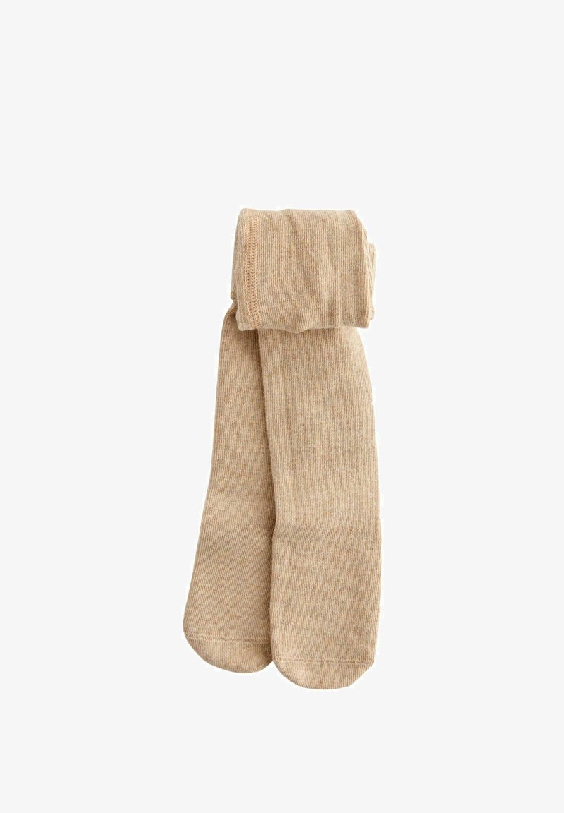 Bézs színű, pamut térd fölé érő zoknik bordázott textúrával, felül felgörbítve. Sima felület és lekerekített orrforma jellemzi.