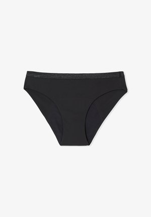 Zwarte bikinionderkant met een gladde textuur, voorzien van een contrasterende glinsterende tailleband en een klassieke broekjesstijl.