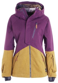 Fioletowa i musztardowożółta zimowa kurtka z kapturem, zamkiem z przodu, kieszenią na piersi i otworami na kciuki w mankietach.