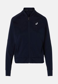 Jūros pajėgų zip-up striukė, pagaminta iš lygios medžiagos, su aukšta apykakle, ilgomis rankovėmis ir baltu logotipu kairiajame krūtinės kampe.