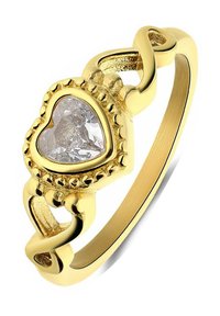 Goldener Ring mit einem herzförmigen, facettierten klaren Stein, akzentuiert mit dekorativen Perlen und einem ineinander verwobenen Banddesign.