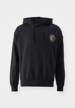 Black hooded sweatshirt made of cotton, featuring a front pocket and embroidered logo with a graphic. Ribbed cuffs and hem.